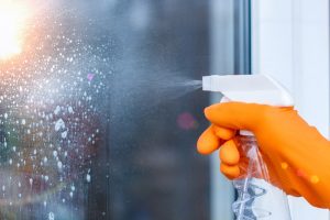 A woman spraying a window with cleaning solution