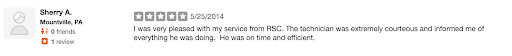 RSC Yelp Review 5 Stars from Sherry A. from Mountville, PA. Service was on time and efficient.