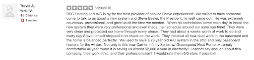 RSC Yelp Review Travis A. of York, PA. 5 Stars, best service experience!